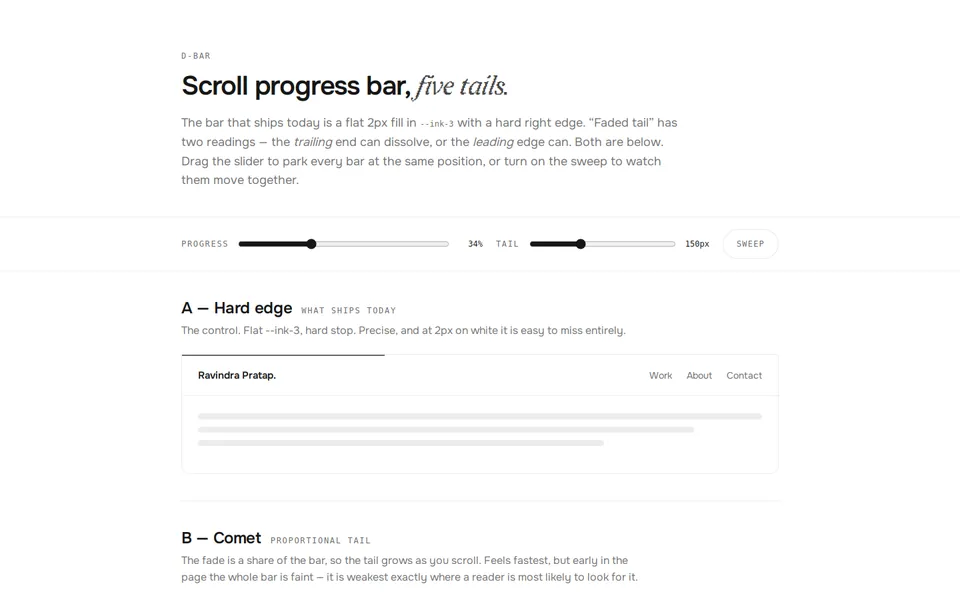 Scroll progress bar - Five bars, A to E. Picked B, the comet - a full-width gradient so the fade scales with progress.