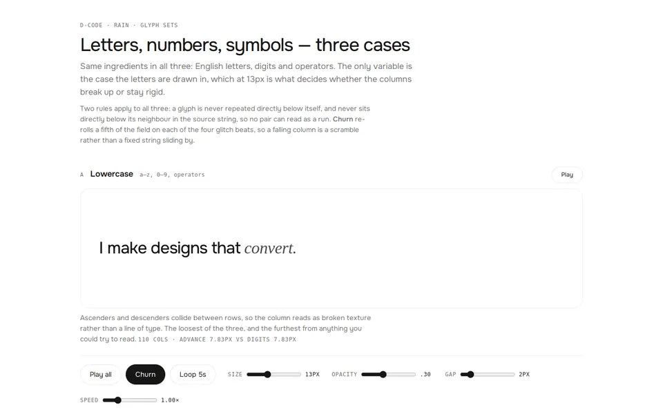 D-CODE - Three glyph sets for the rain - lowercase, mixed, uppercase - and the no-neighbour rule.
