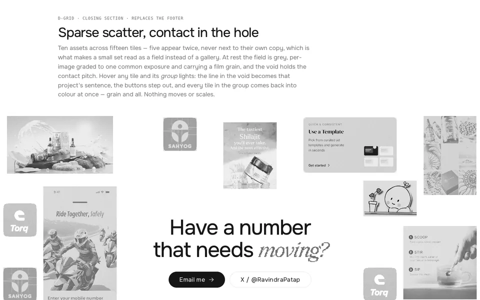Closing grid - The footer replaced by a sparse scatter of work tiles, grey at rest; hover one and every copy colours.