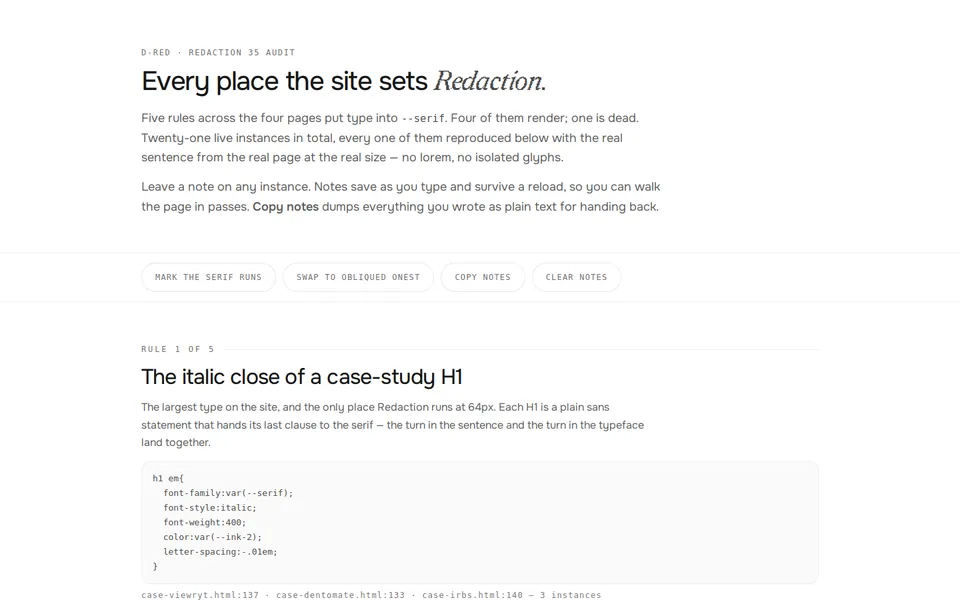 D-RED - Every place Redaction 35 renders, with a note field per instance.
