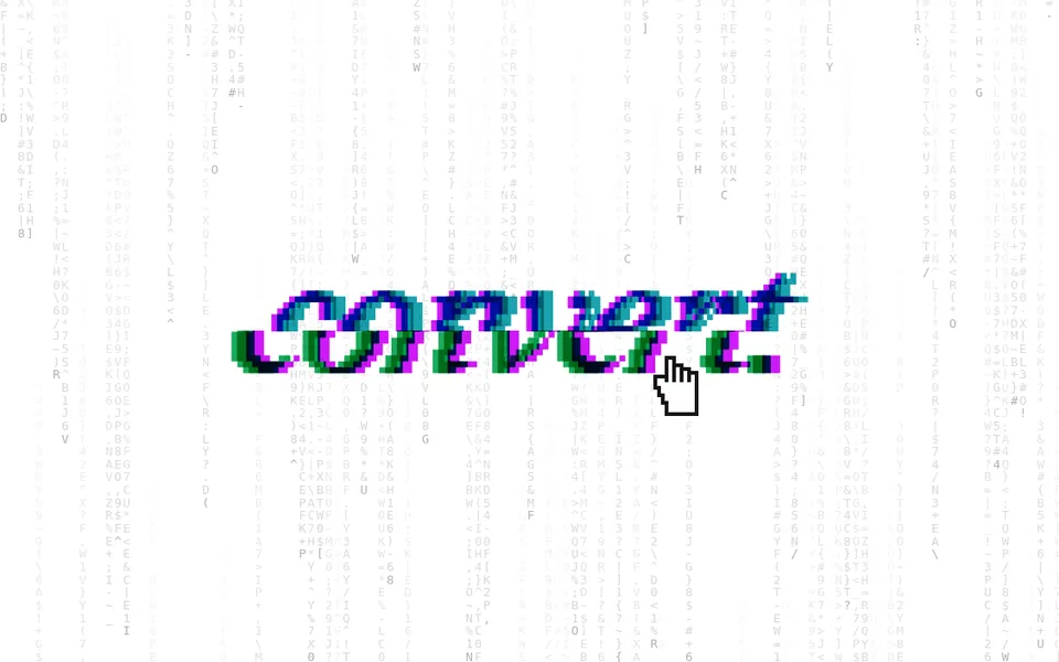 Glitch - The hero's hint taken apart - fringe tear, code rain, pixel hand. The CSS export keeps the hero's own two-half tear.