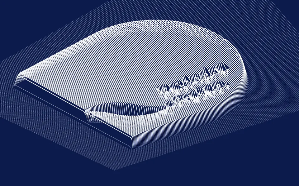 Line Field - The master D read as tone and redrawn as hairlines - flat or lifted into an isometric relief, hover to swell, click to ripple.
